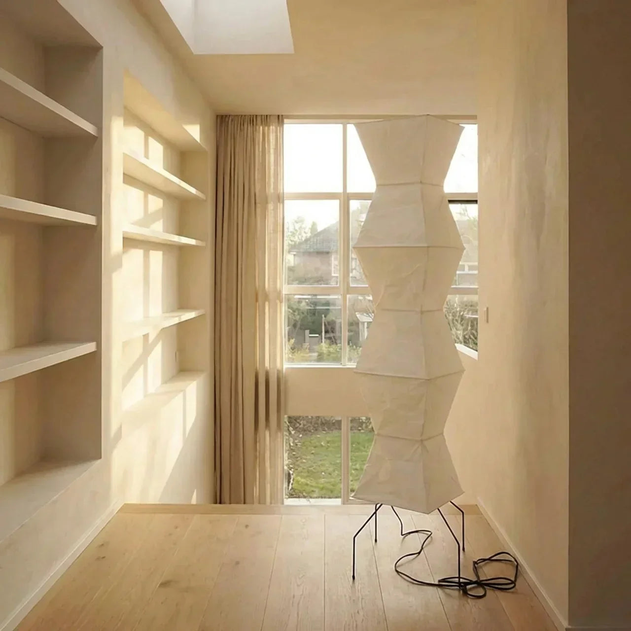 Nimbus And Helix Floor Lamp With Rice Paper Shade And Sculptural Layered Design For Ambient Glow