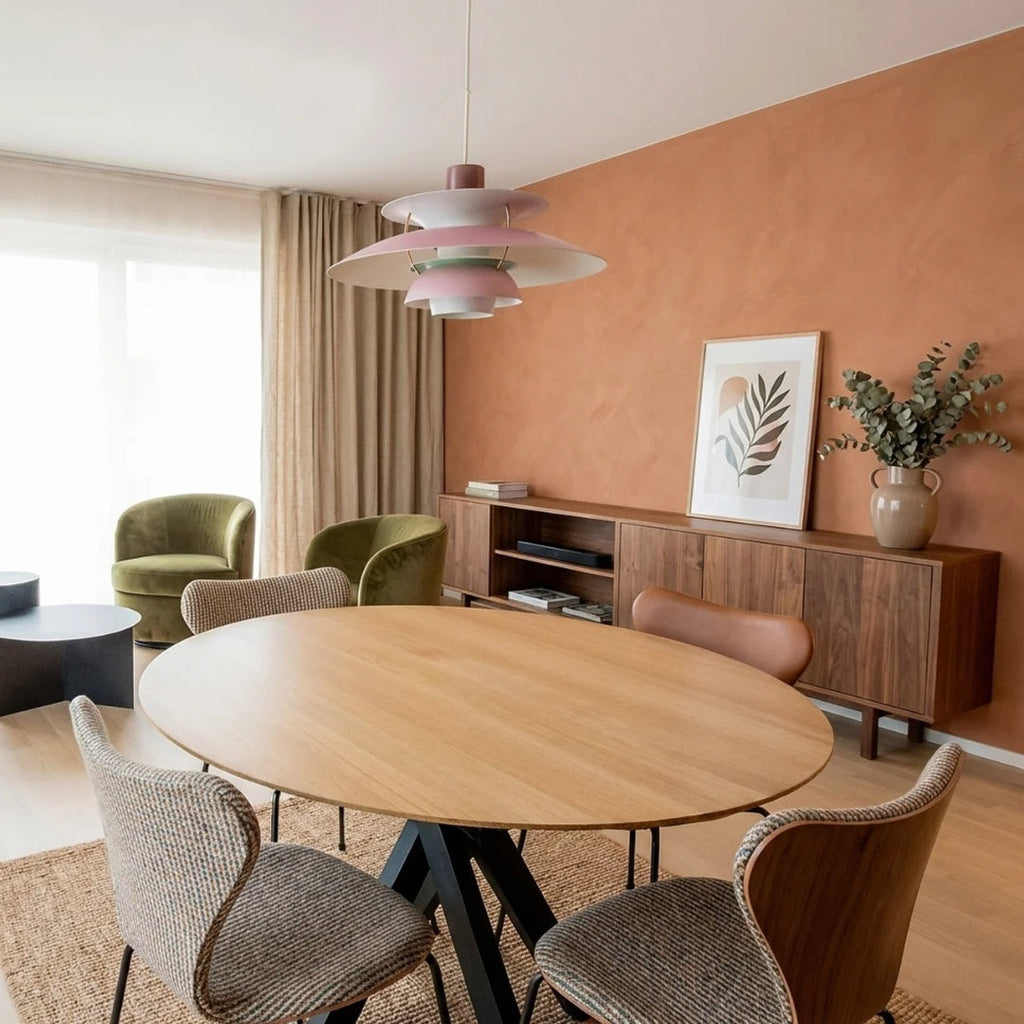 Danish Modern Inspired Pendant Fixture With Layered Shades For Downward Illumination