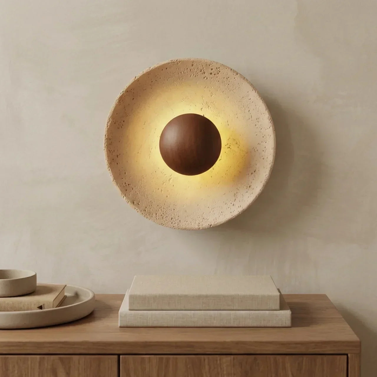 Wall Light With Integrated Led Featuring Travertine And Wood Disc For Indoor Use, Elegant Home Accent