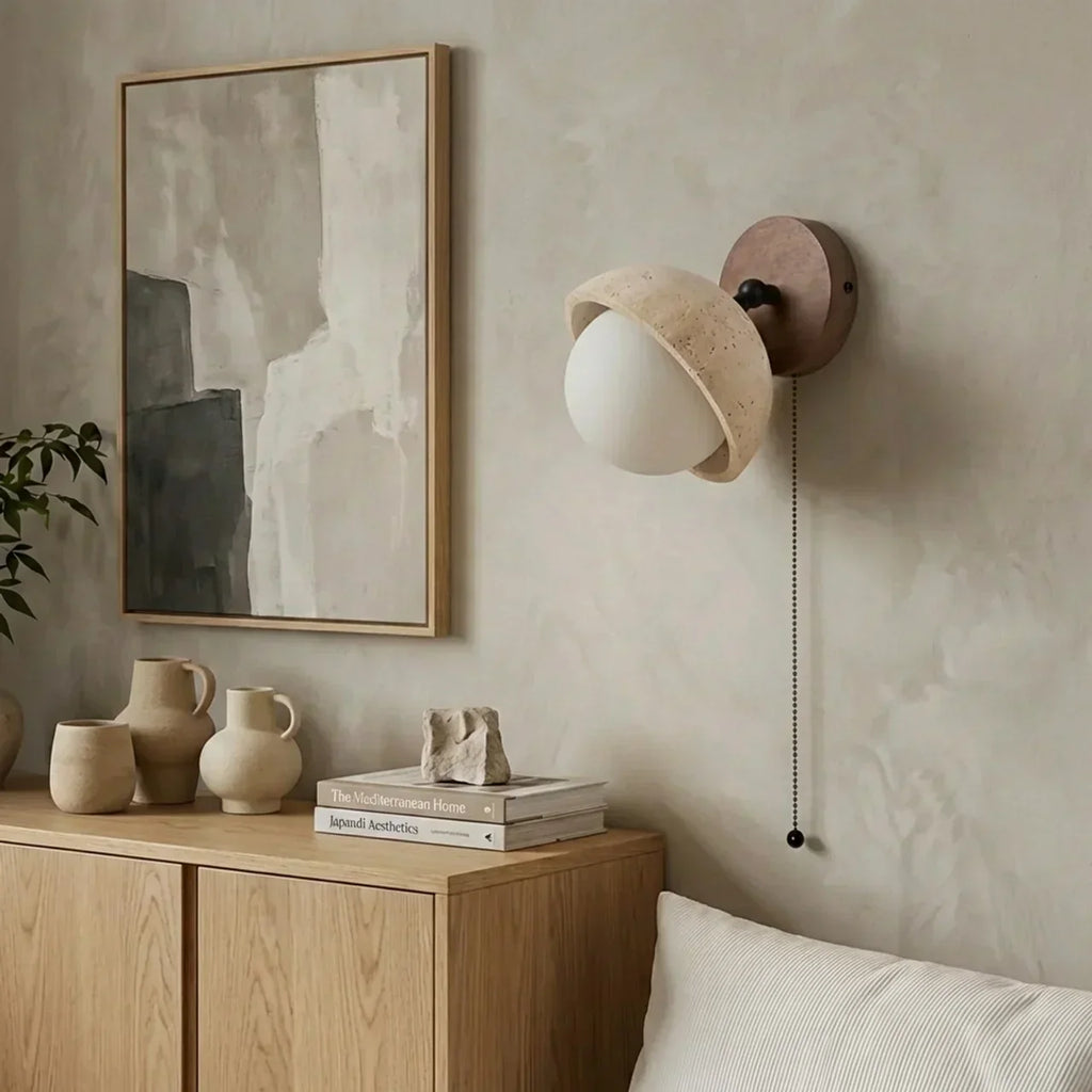 Indoor Wall Mounted Light Fixture With Travertine Shade And Solid Wood Body For Indoor Use