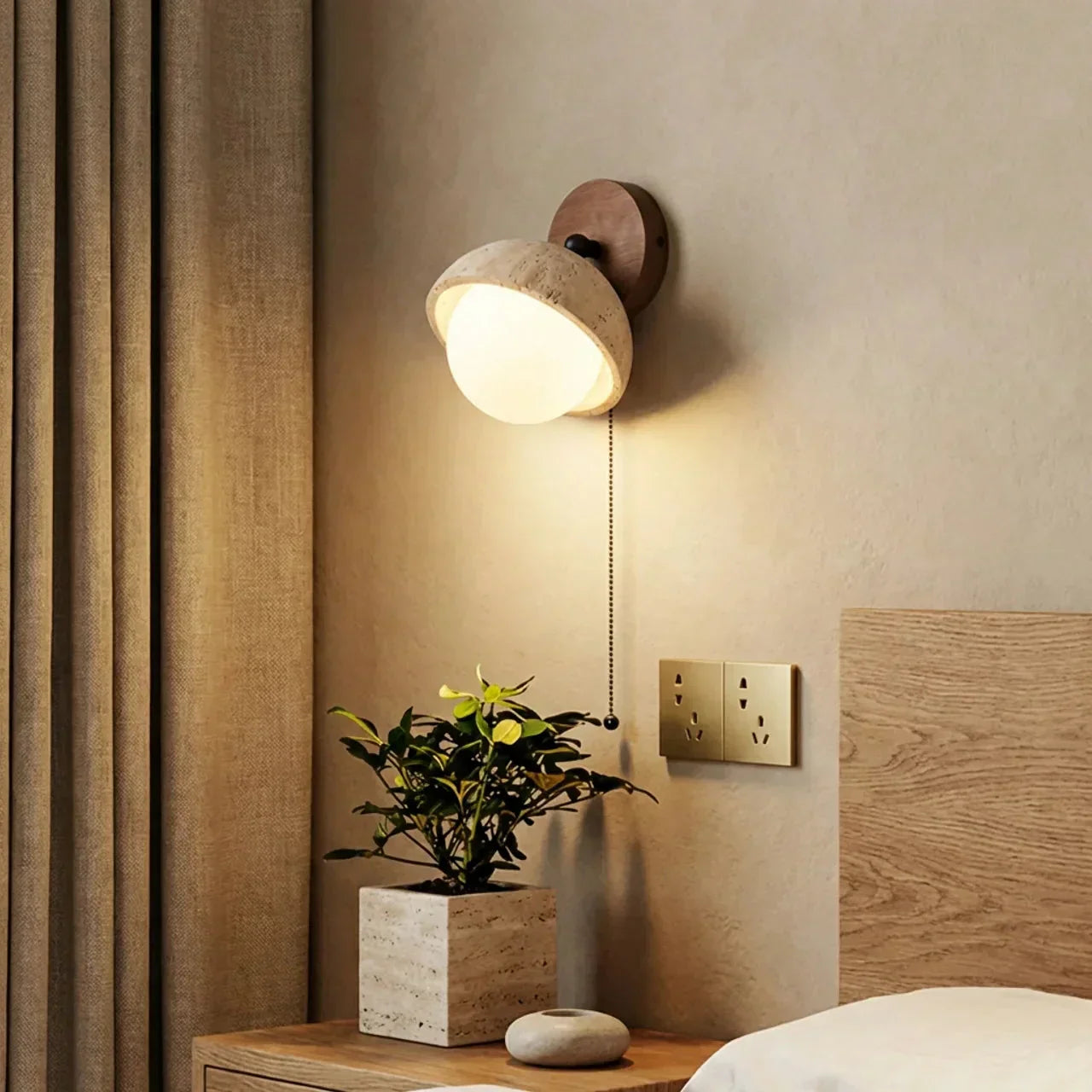 Indoor Wall Mounted Light Fixture With Travertine Shade And Solid Wood Body For Indoor Use