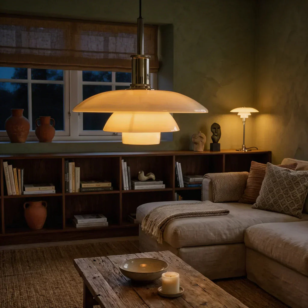 Danish Layered Pendant Light With Glass Shade For Soft Downward Illumination In Living Rooms