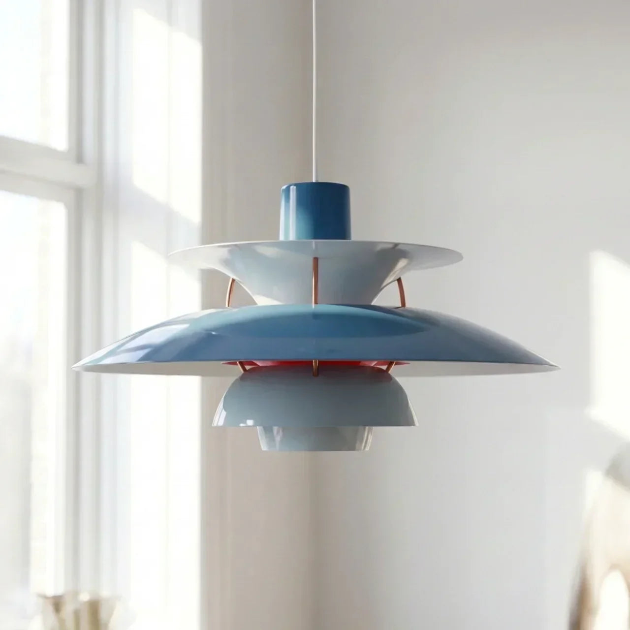 Danish Modern Inspired Pendant Fixture With Layered Shades For Downward Illumination