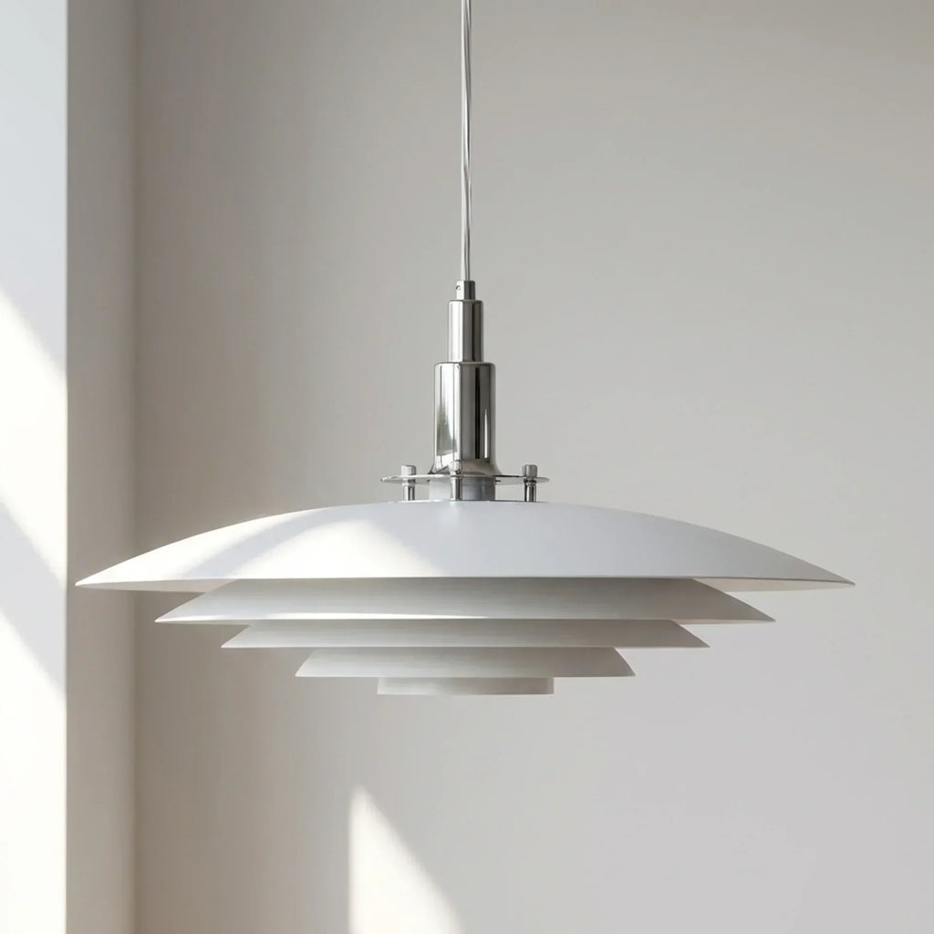 Danish Modern Tiered Pendant Light With Layered Metal Shade For Soft Downward Ambience