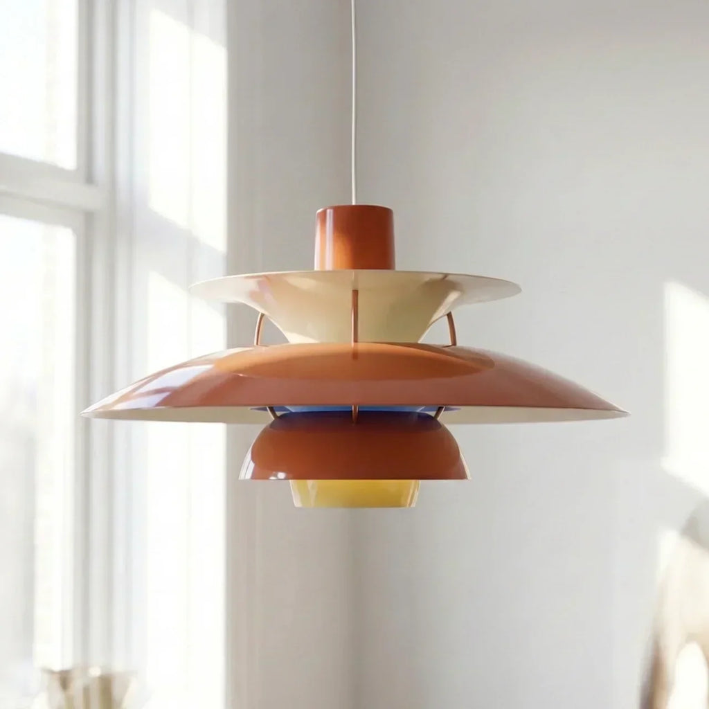 Danish Modern Inspired Pendant Fixture With Layered Shades For Downward Illumination