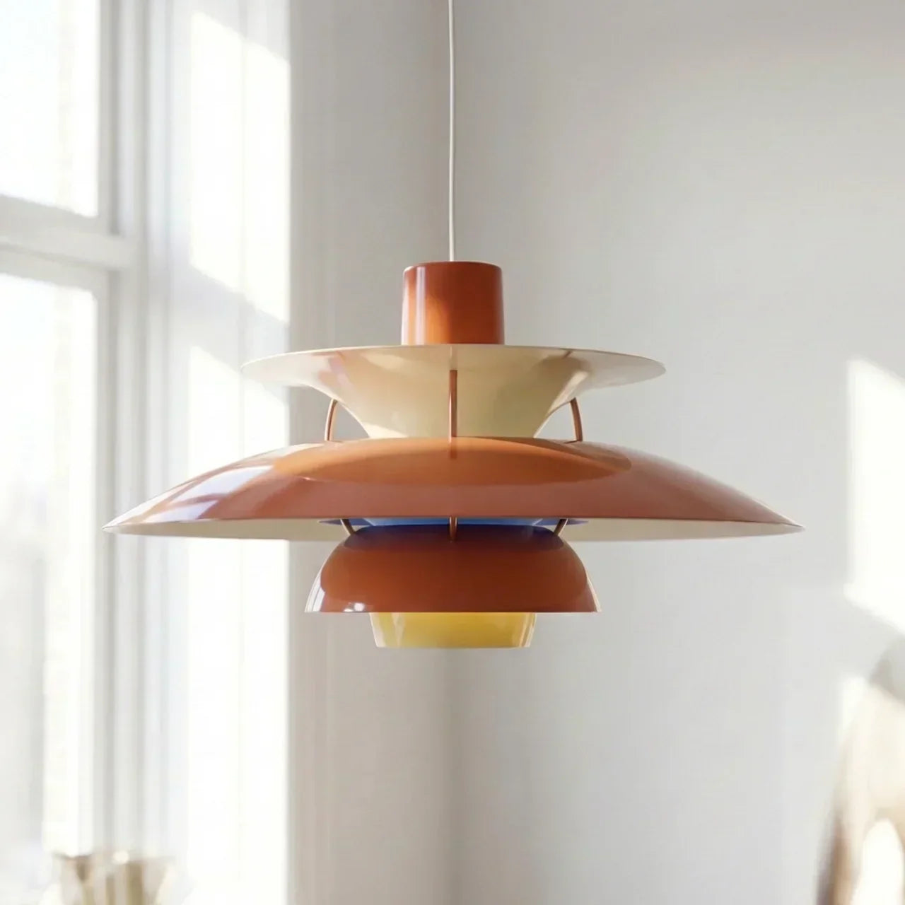 Danish Modern Inspired Pendant Fixture With Layered Shades For Downward Illumination
