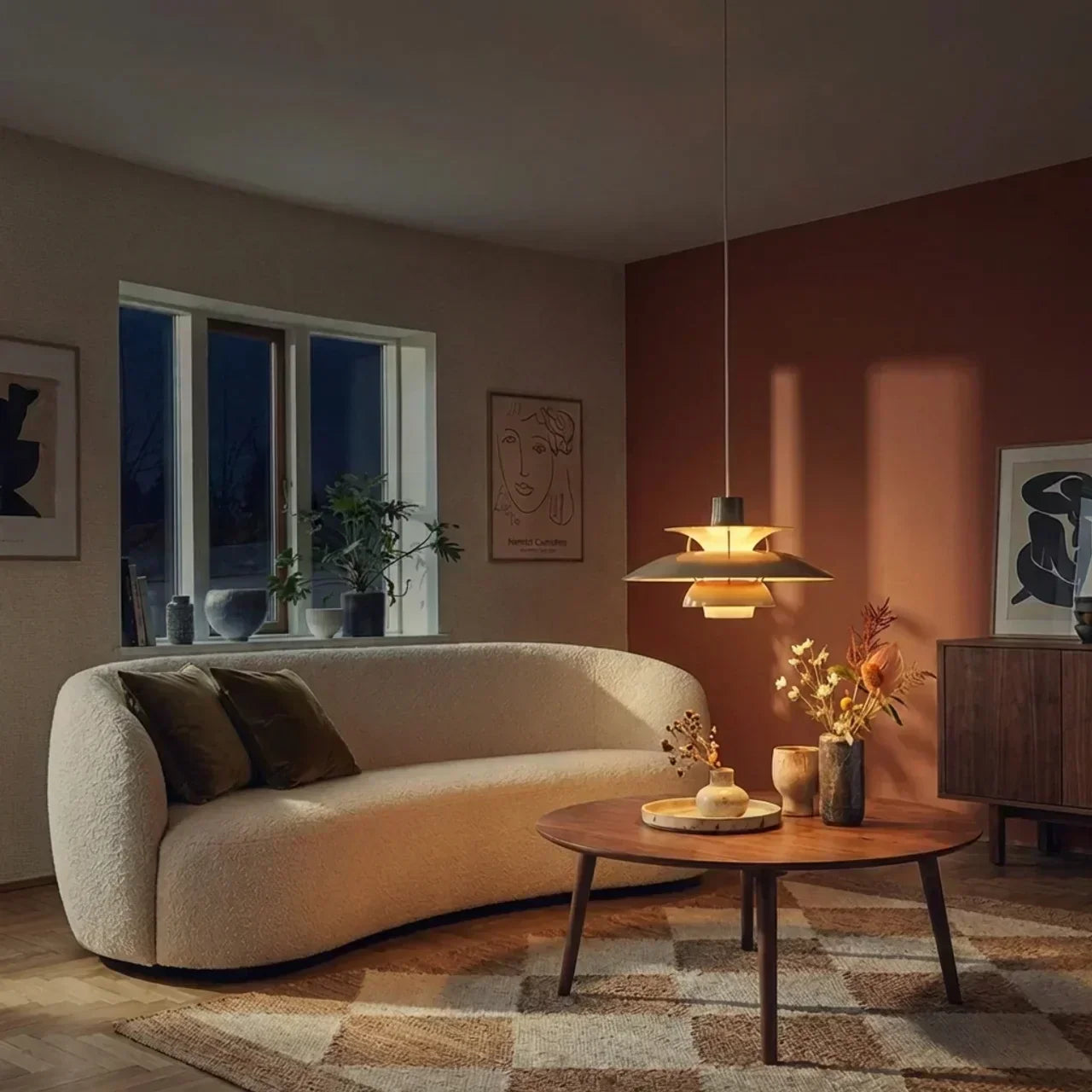 Danish Modern Inspired Pendant Fixture With Layered Shades For Downward Illumination