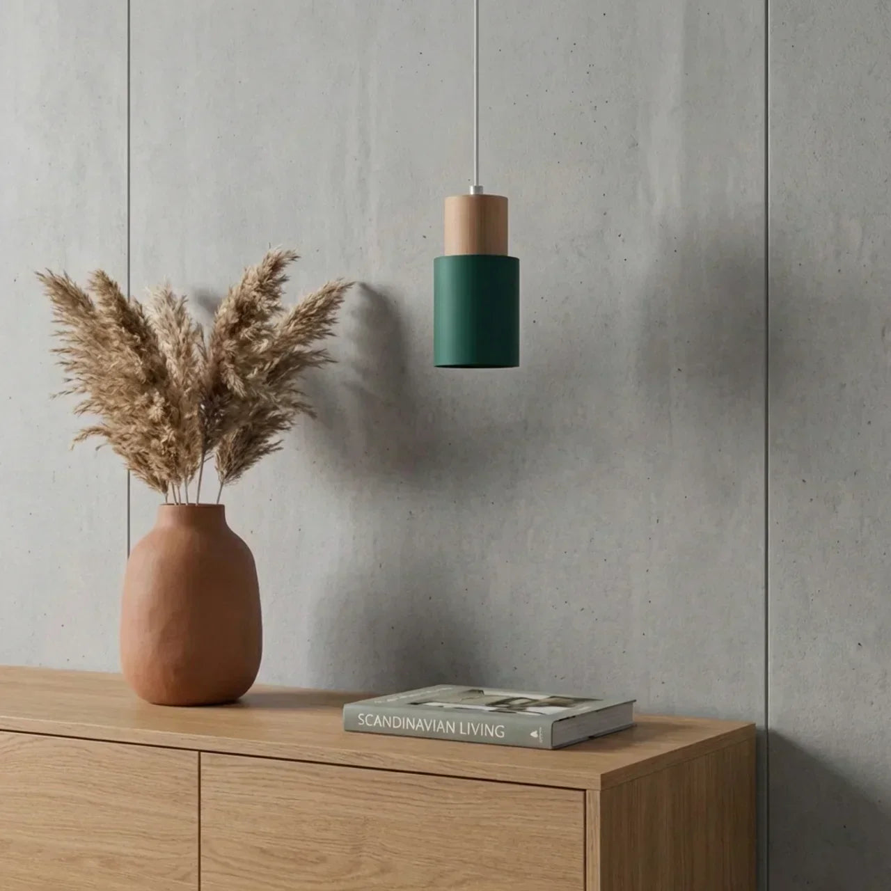 Aluminium Cylinder Pendant Light With Wood Detail Ceiling Mount Fixture And Adjustable Cord For Home Interiors