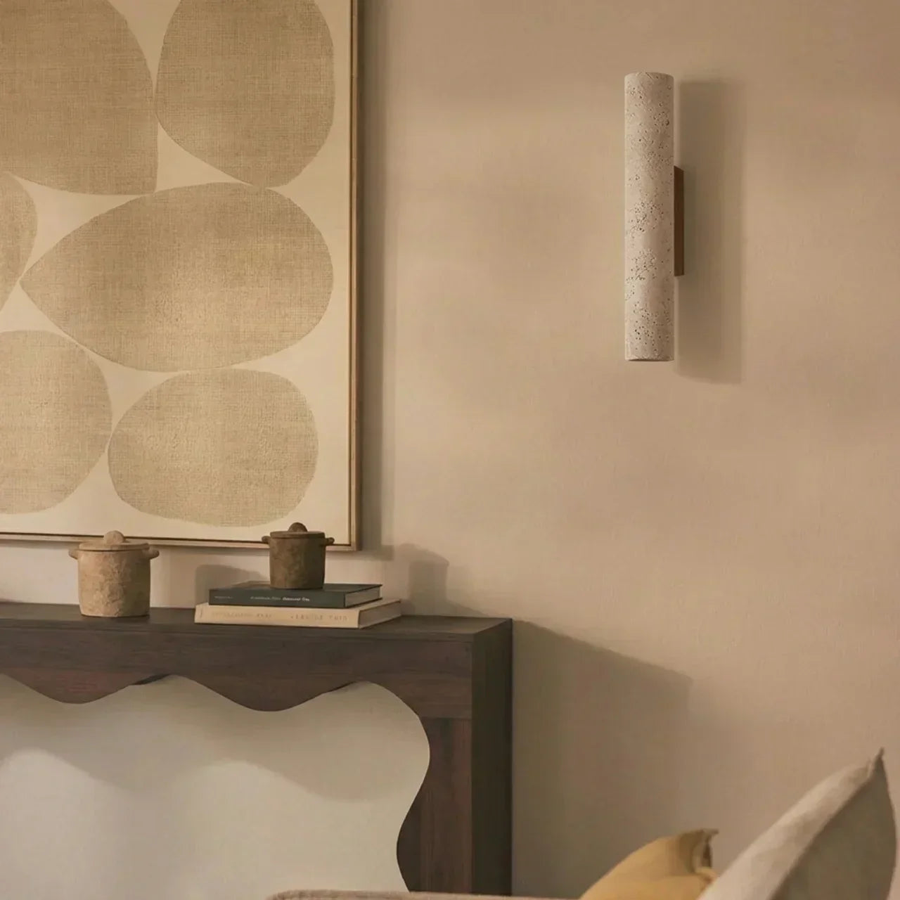 Wall Lamp In Vertical Design Using Travertine Stone With Led Lights Pointing Up And Down