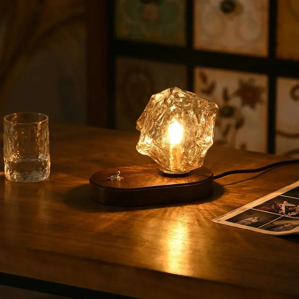 Table Lamp With Organic Glass Shade And Wooden Base For Indoor Ambient Living Areas