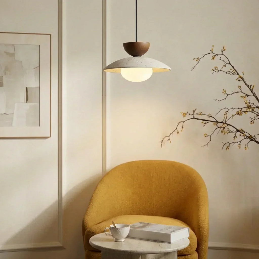 Elegant Travertine Pendant Light With Glass Diffuser And Wood Accent For Indoor Ceiling Installations