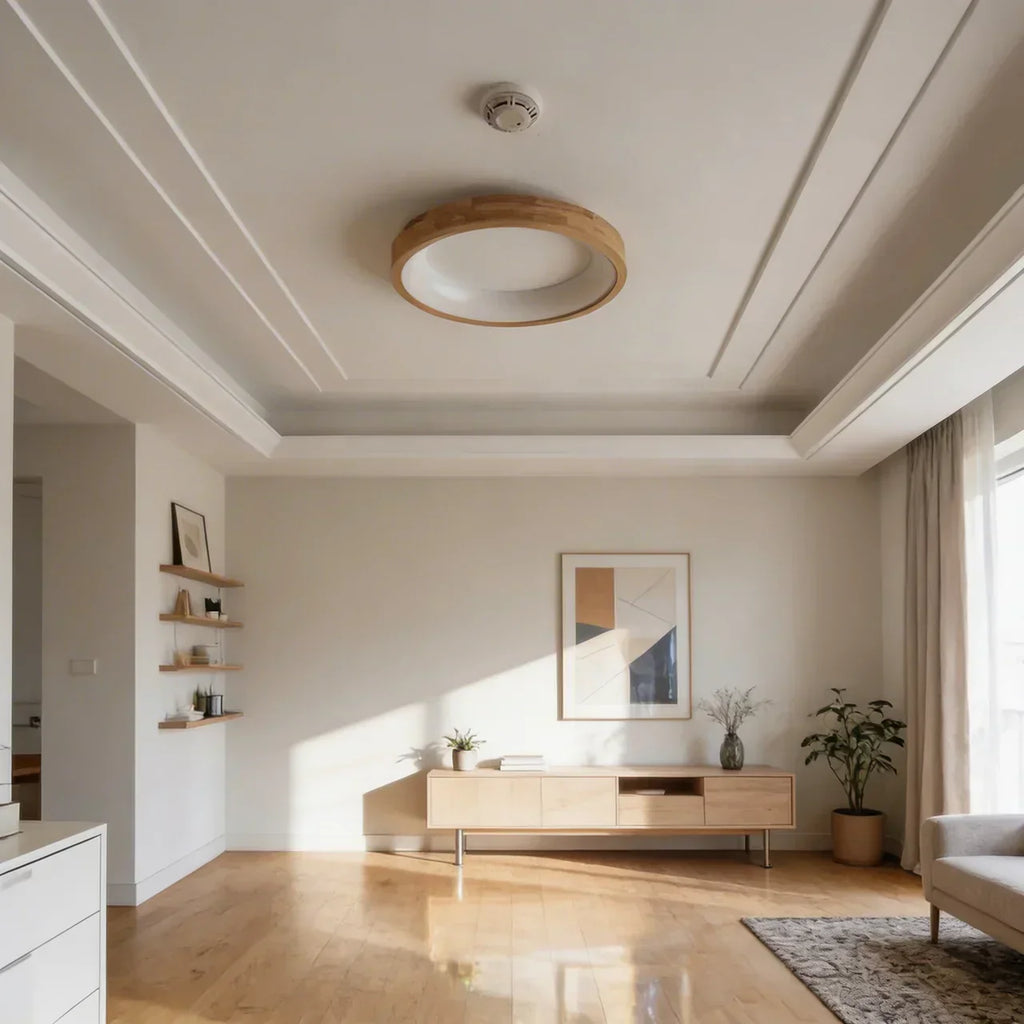 Natural Wood Finish Circular LED Flush Mount Ceiling Light With Integrated LED And Acrylic Diffuser