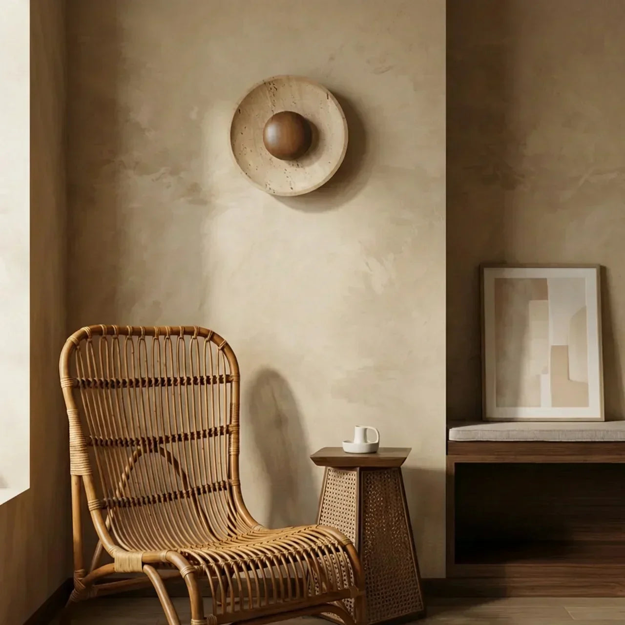 Wall Light With Integrated Led Featuring Travertine And Wood Disc For Indoor Use, Elegant Home Accent