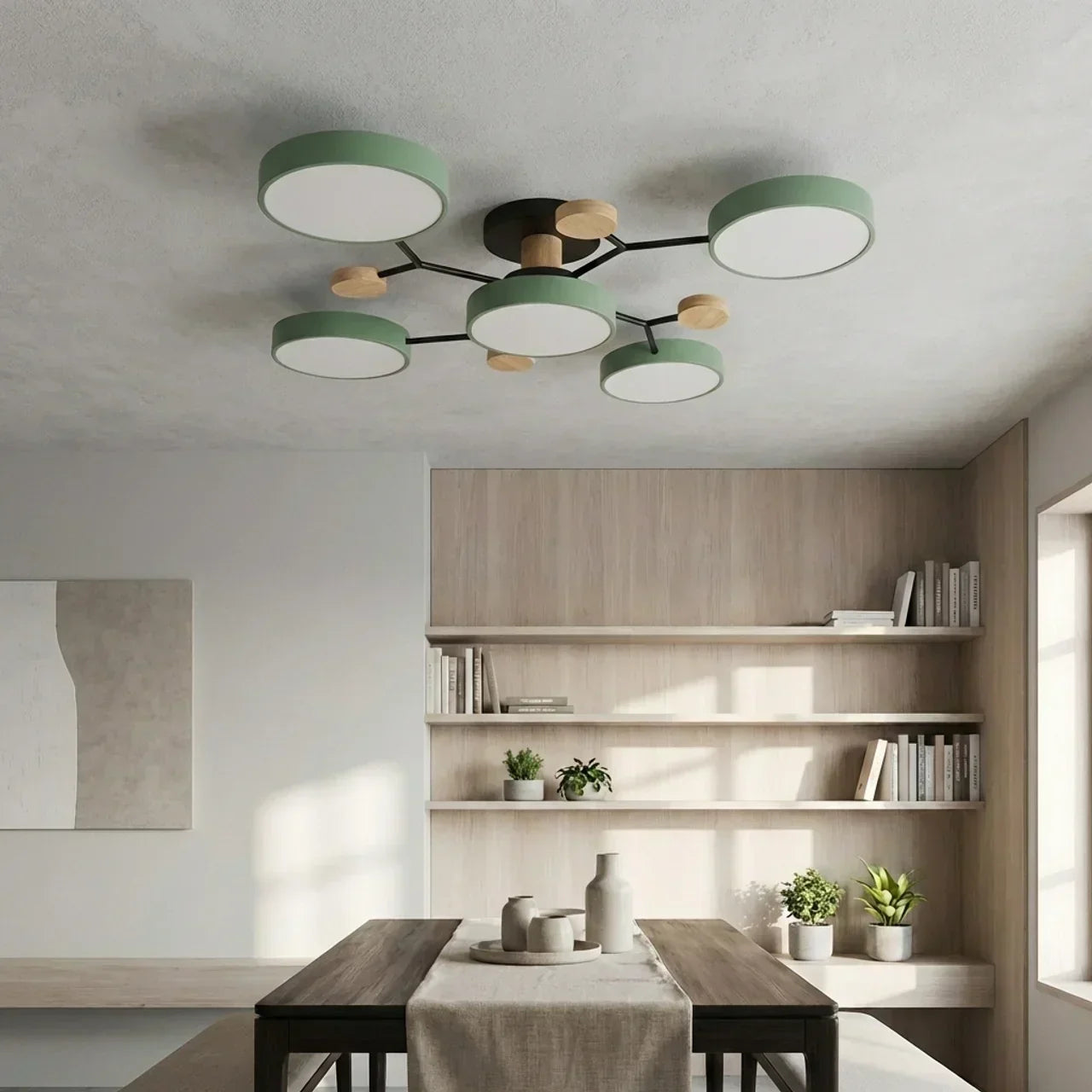 Branching Ceiling Light Fixture Featuring Wood Accents For Modern Living Spaces And Warm Ambience