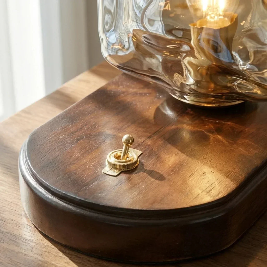 Table Lamp With Organic Glass Shade And Wooden Base For Indoor Ambient Living Areas