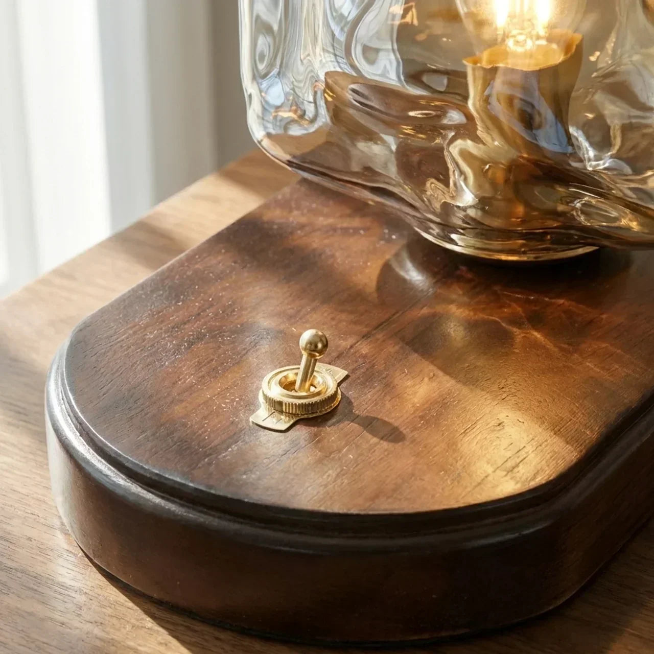 Table Lamp With Organic Glass Shade And Wooden Base For Indoor Ambient Living Areas
