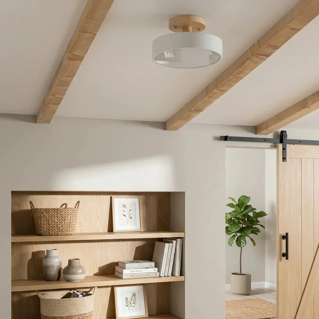 Wood Round Semi Flush Mount Ceiling Light With Integrated LED And Acrylic Diffuser