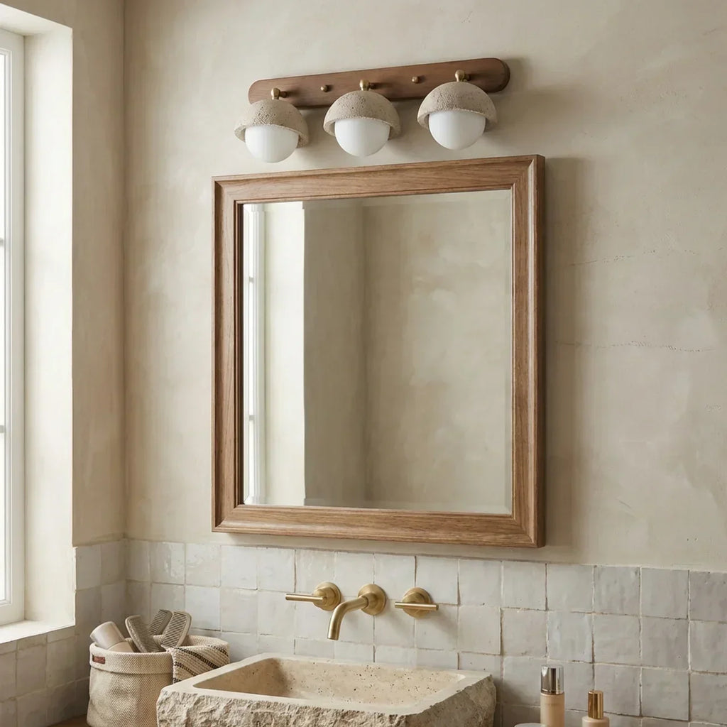 Indoor Travertine And Rustic Wood Wall Light With Glass Shades For Home Interiors And Living Areas