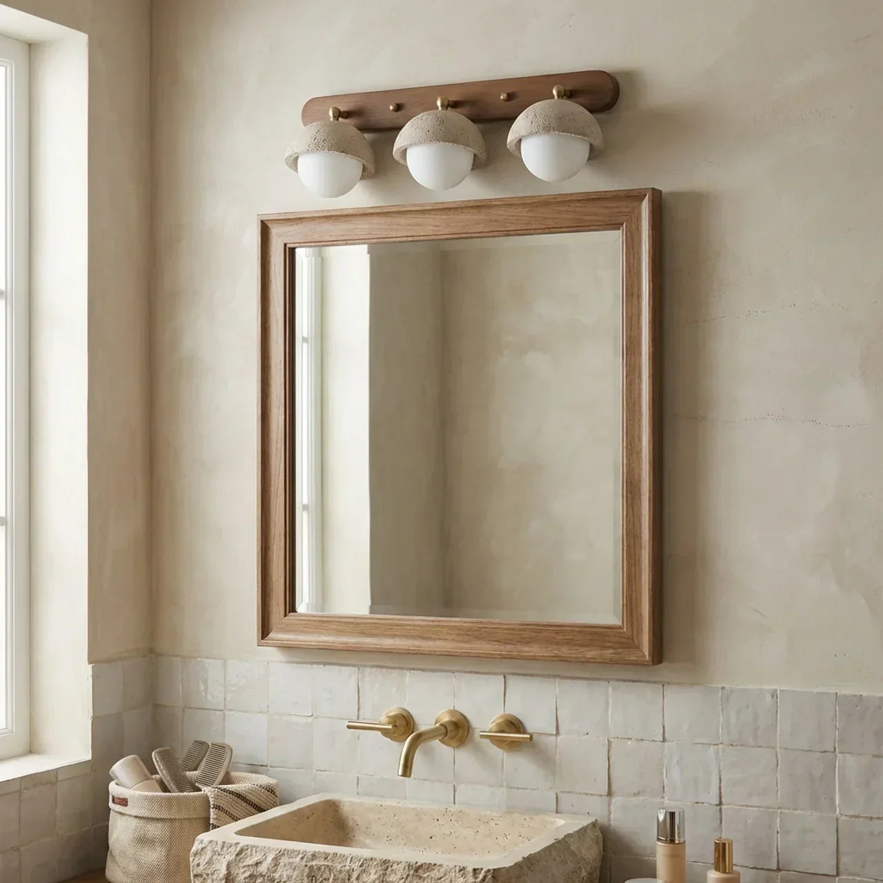 Indoor Travertine And Rustic Wood Wall Light With Glass Shades For Home Interiors And Living Areas