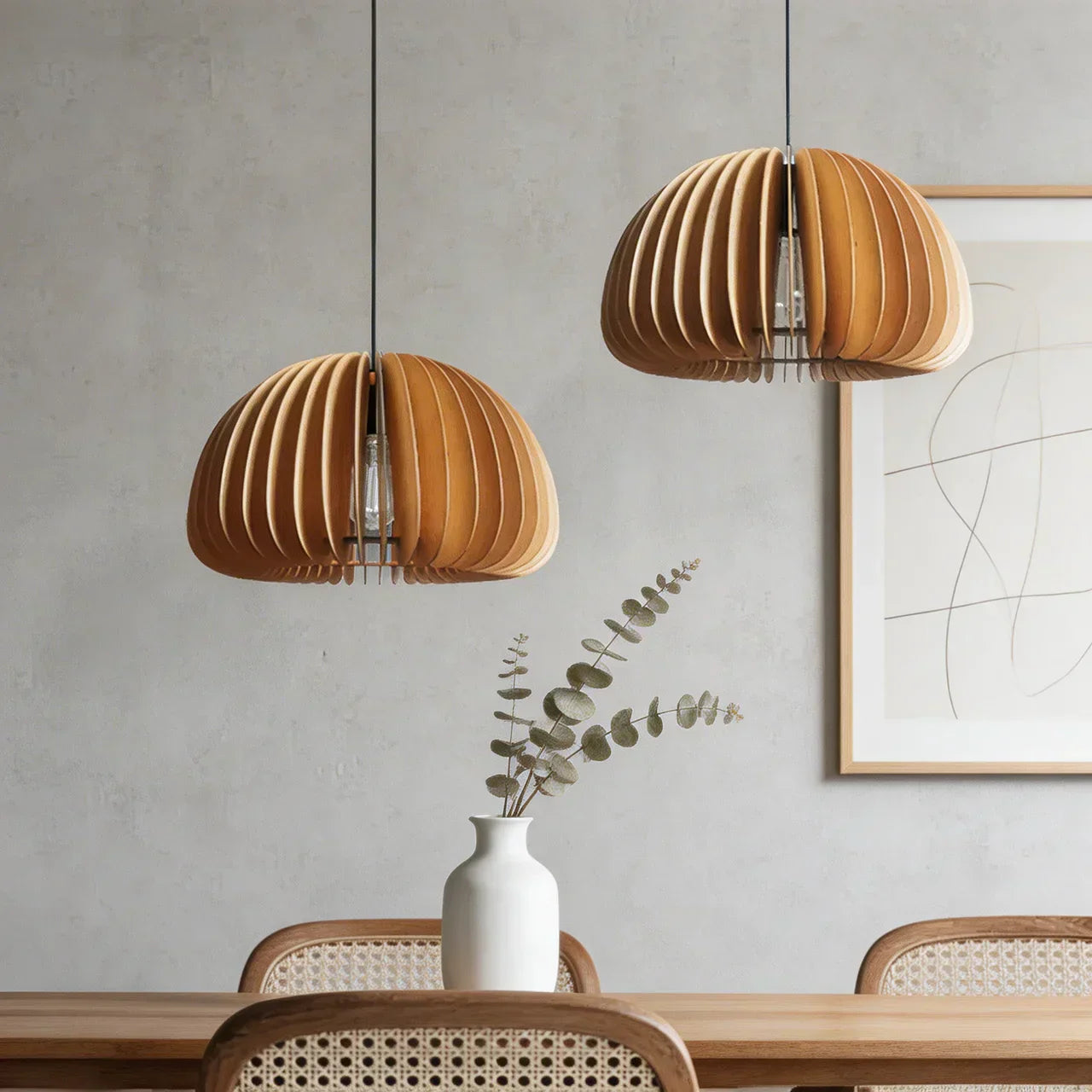 Wooden Pendant Lamp With Sculpted Rounded Shade For Warm Indoor Lighting In Minimalist Spaces