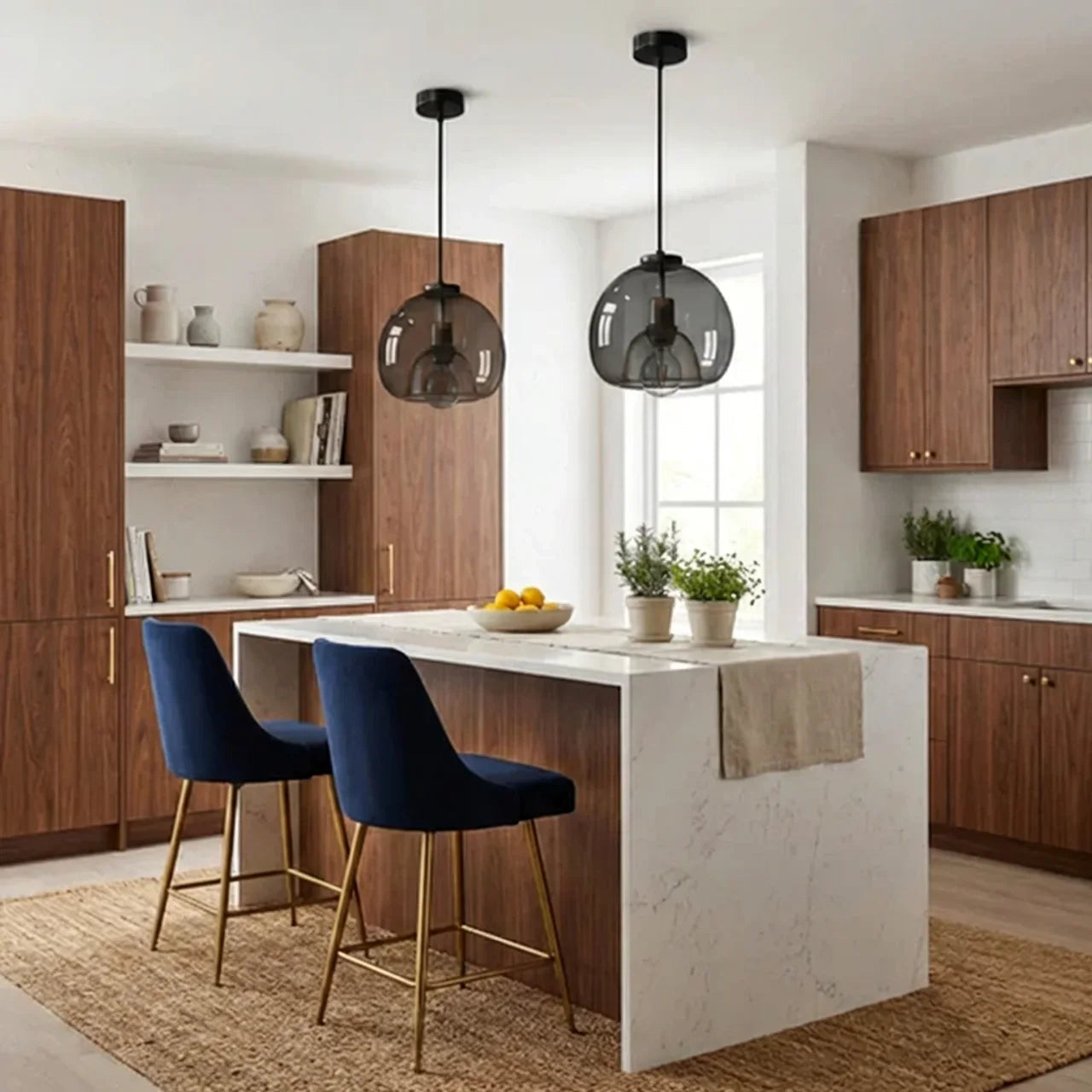 Smoked Glass Pendant Light With Dome Shade And Metal Fittings For Kitchens And Living Areas