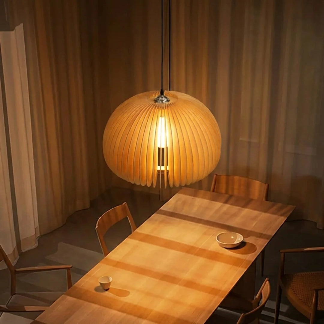 Wooden Pendant Lamp With Sculpted Rounded Shade For Warm Indoor Lighting In Minimalist Spaces