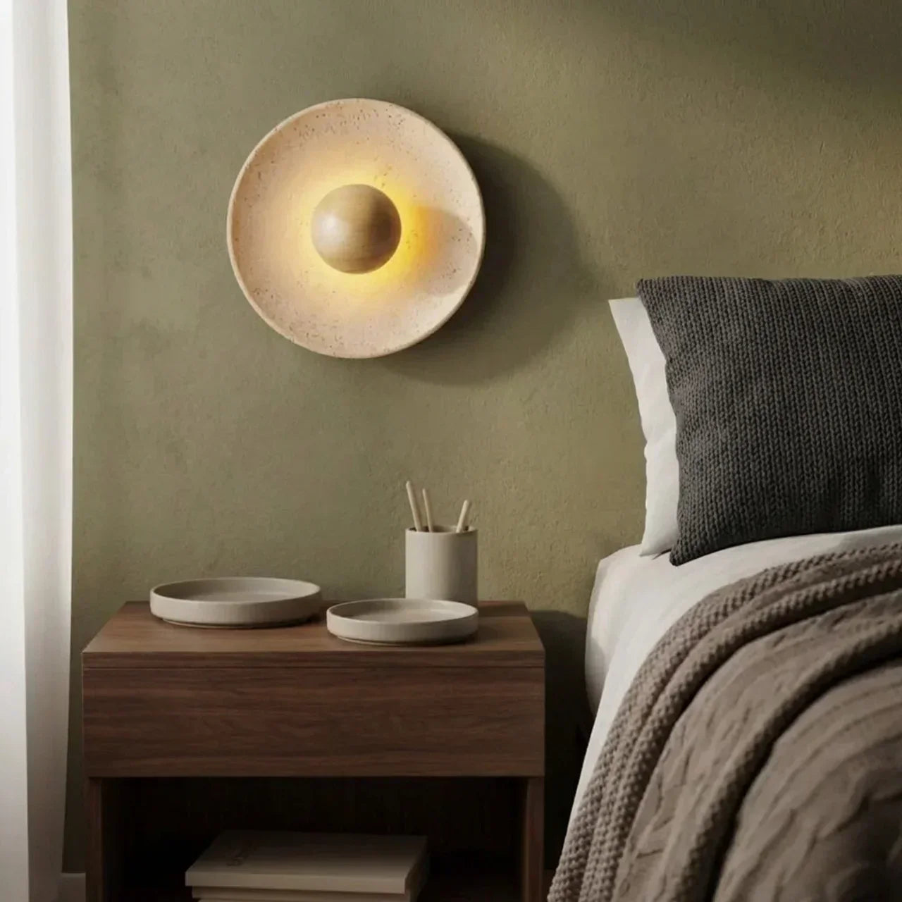 Wall Light With Integrated Led Featuring Travertine And Wood Disc For Indoor Use, Elegant Home Accent