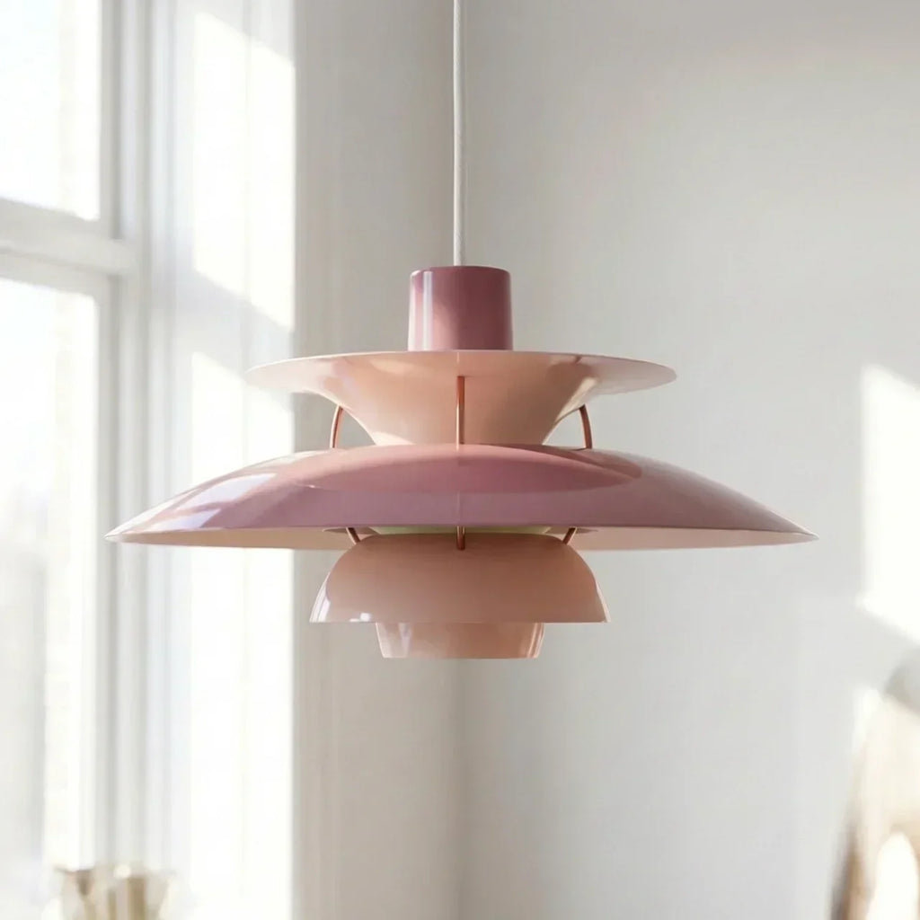 Danish Modern Inspired Pendant Fixture With Layered Shades For Downward Illumination