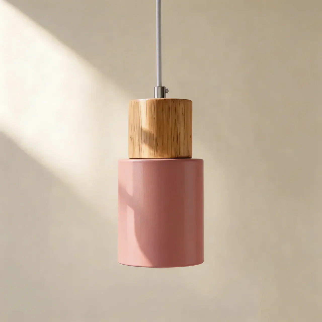Aluminium Cylinder Pendant Light With Wood Detail Ceiling Mount Fixture And Adjustable Cord For Home Interiors