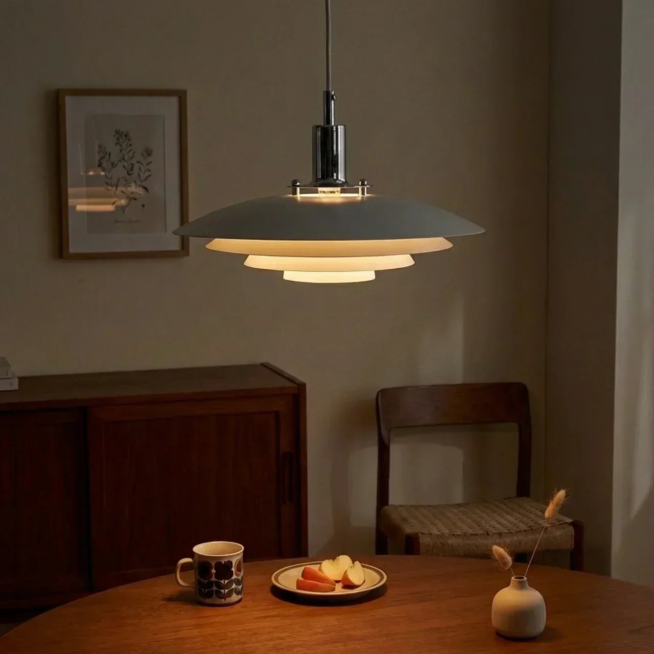 Danish Modern Tiered Pendant Light With Layered Metal Shade For Soft Downward Ambience