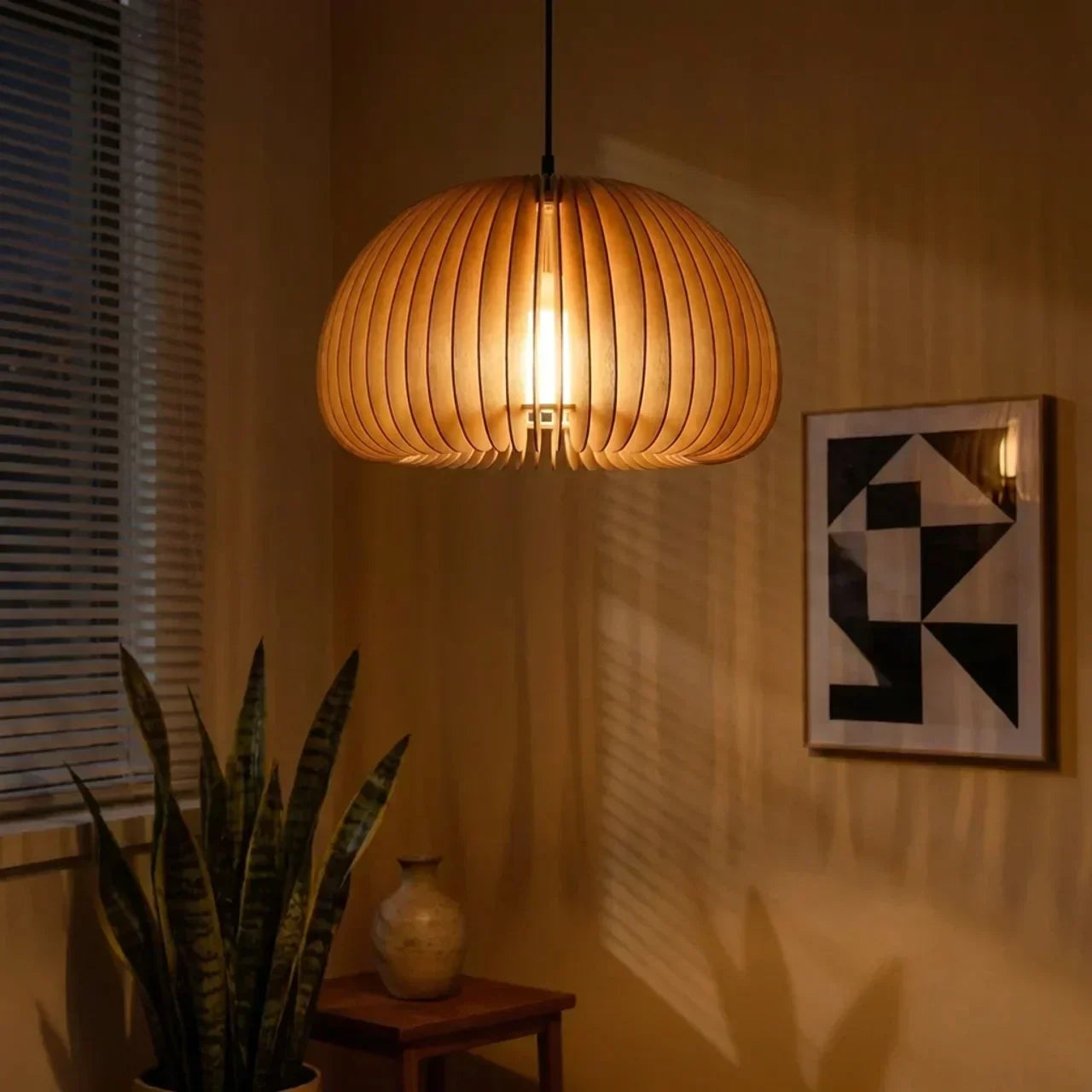 Wooden Pendant Lamp With Sculpted Rounded Shade For Warm Indoor Lighting In Minimalist Spaces