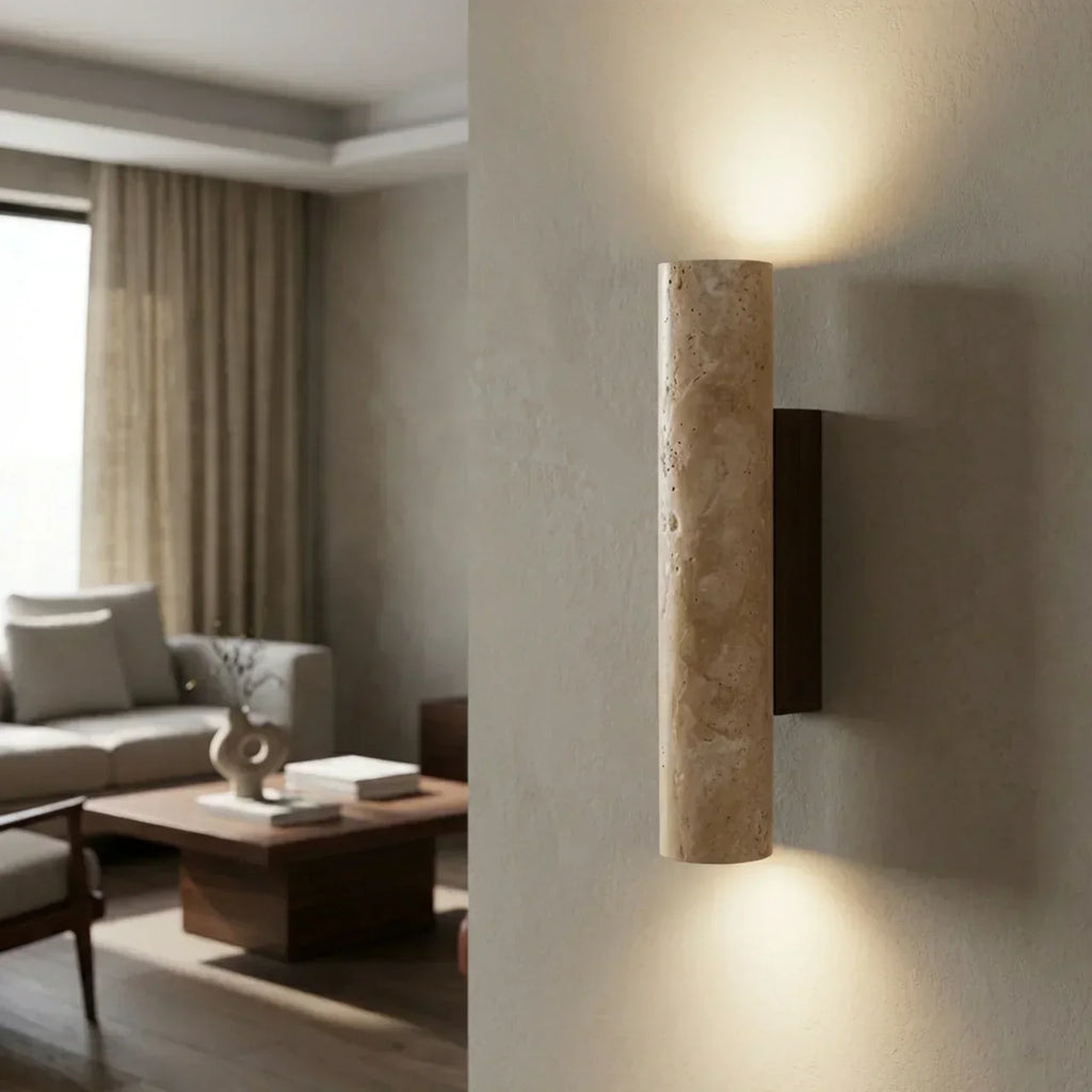 Wall Lamp In Vertical Design Using Travertine Stone With Led Lights Pointing Up And Down