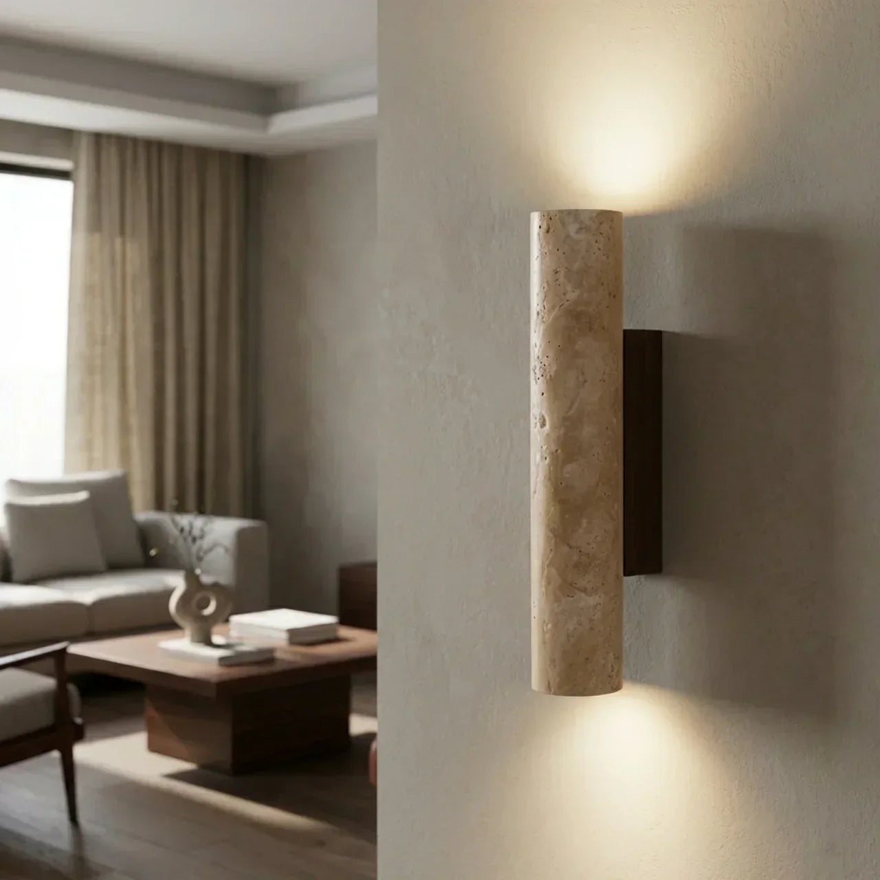 Wall Lamp In Vertical Design Using Travertine Stone With Led Lights Pointing Up And Down