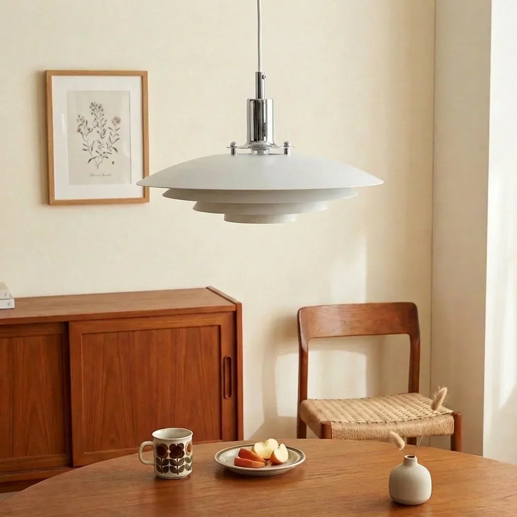 Danish Modern Tiered Pendant Light With Layered Metal Shade For Soft Downward Ambience