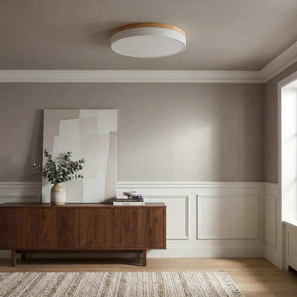 Ultra Slim Ceiling Light With Wood Accent Ring And Built In LED For Modern Indoor Spaces