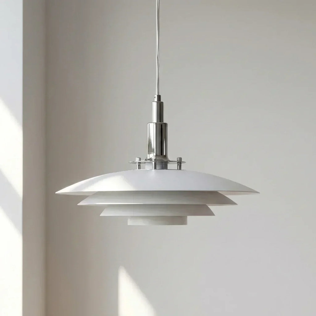 Danish Modern Tiered Pendant Light With Layered Metal Shade For Soft Downward Ambience