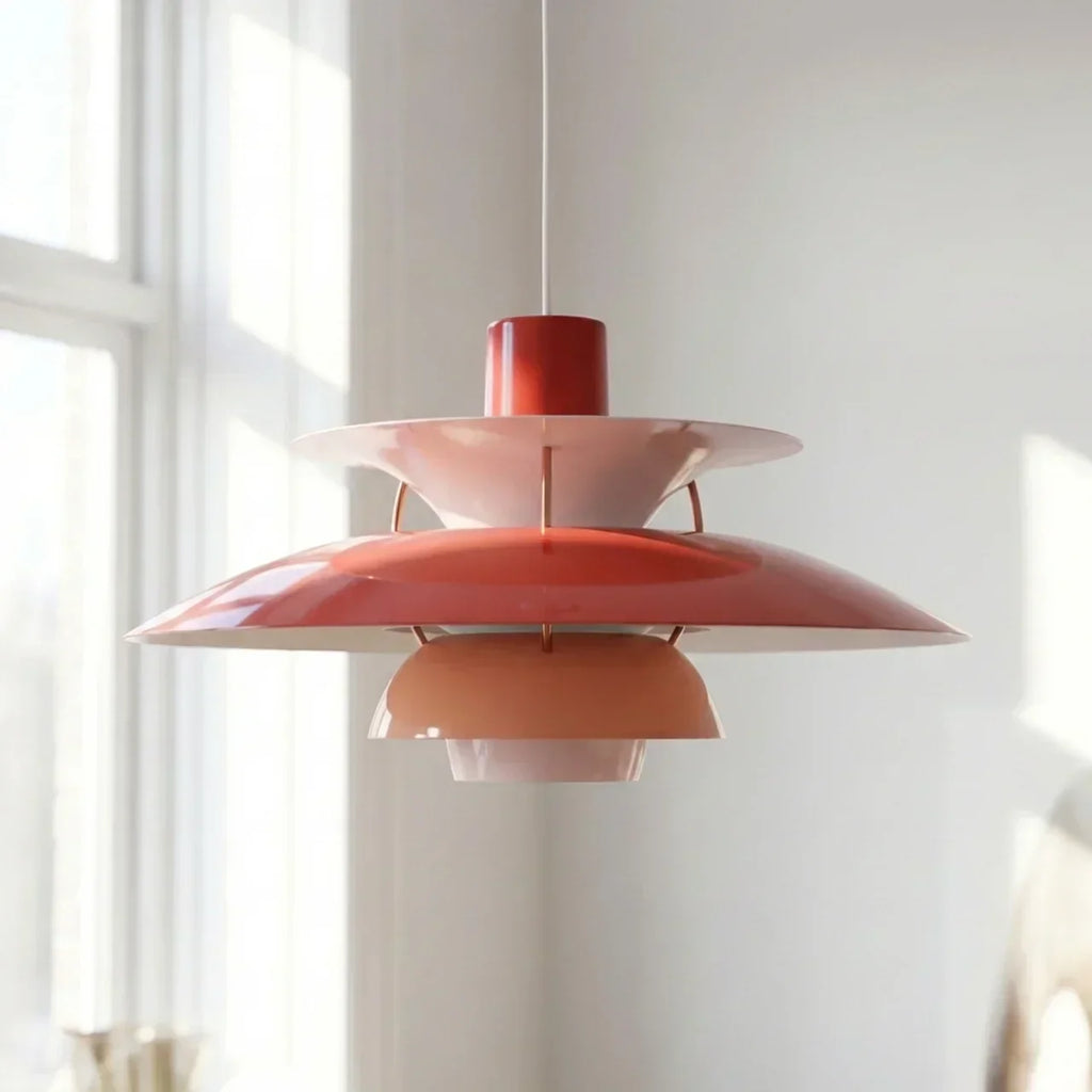 Danish Modern Inspired Pendant Fixture With Layered Shades For Downward Illumination