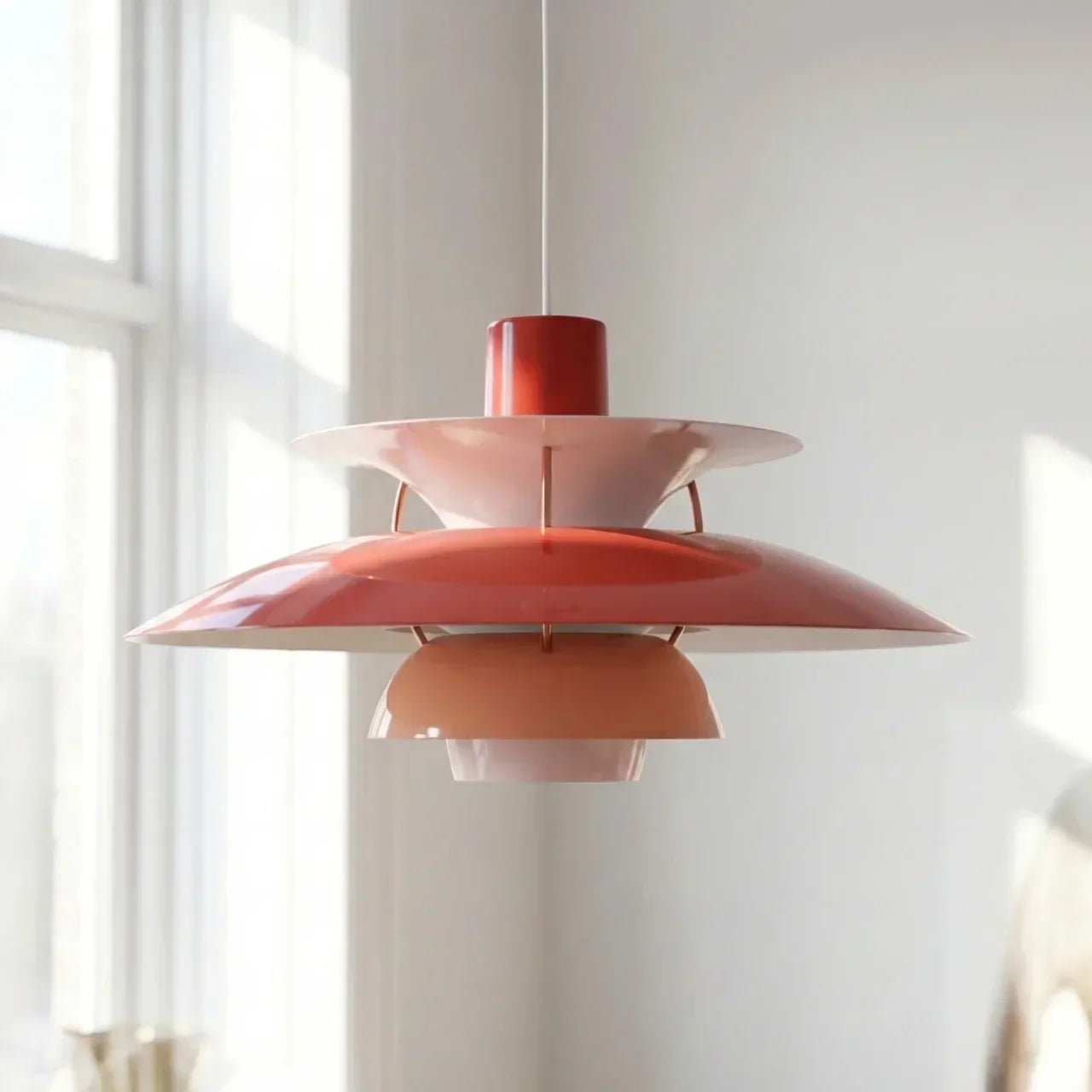 Danish Modern Inspired Pendant Fixture With Layered Shades For Downward Illumination