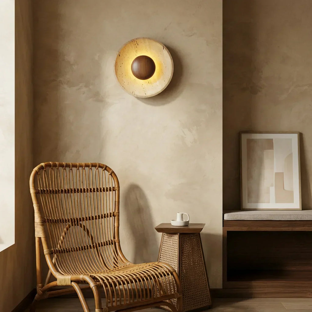 Wall Light With Integrated Led Featuring Travertine And Wood Disc For Indoor Use, Elegant Home Accent