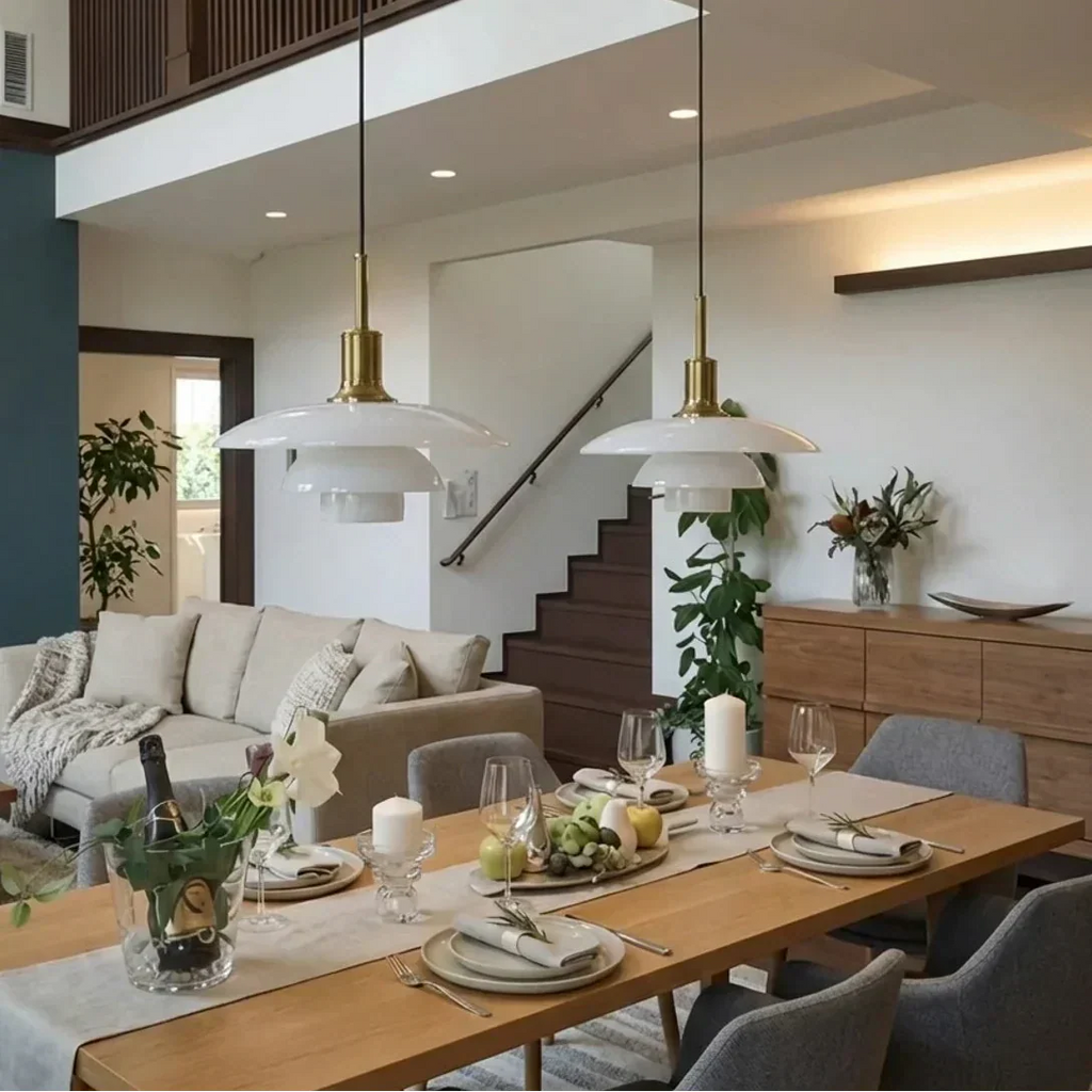 Danish Layered Pendant Light With Glass Shade For Soft Downward Illumination In Living Rooms