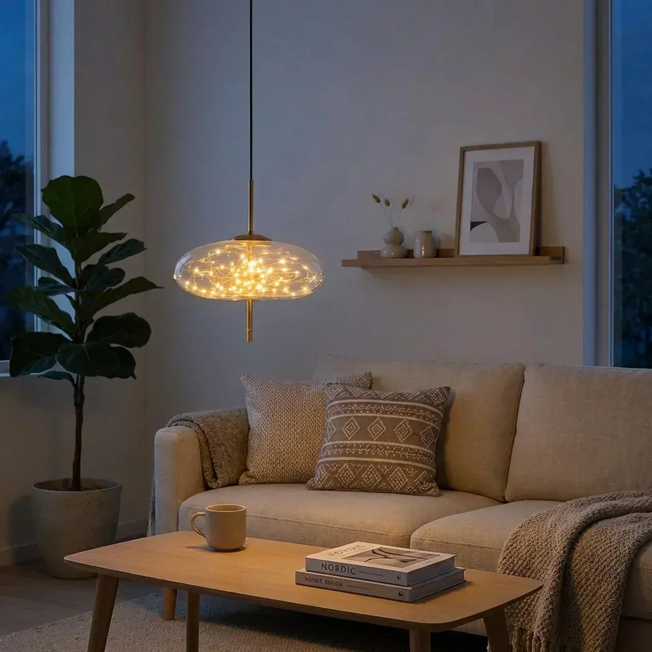 Ceiling Pendant Light With Glass Cylinder And Oval Shade For Ambient Illumination