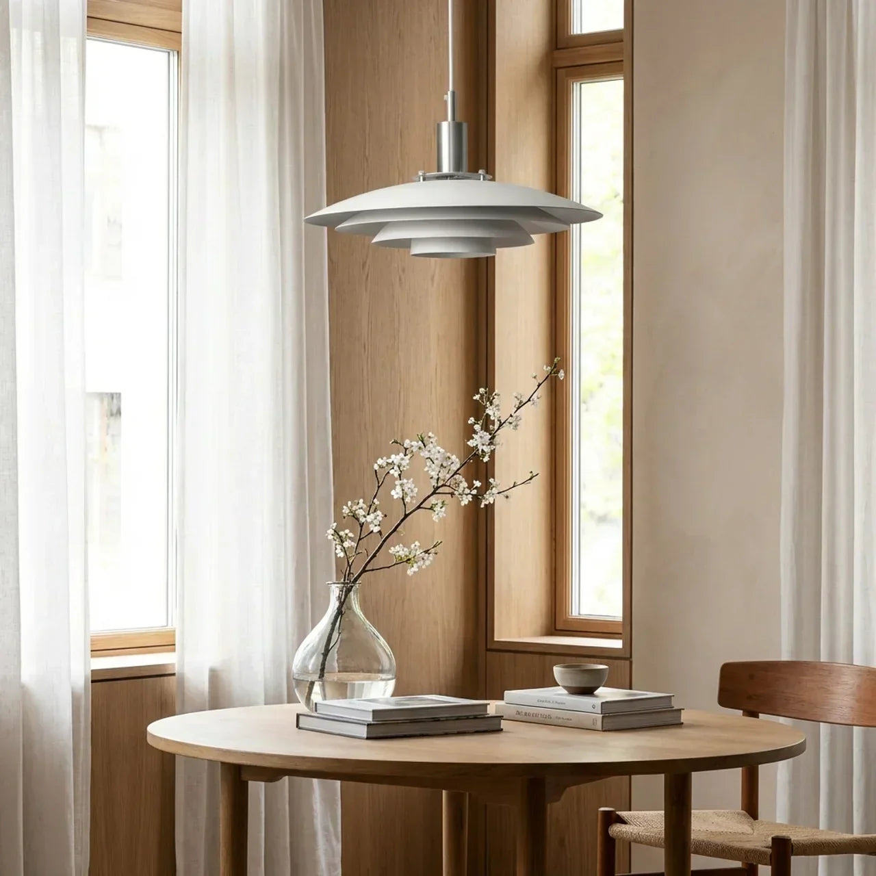 Danish Modern Tiered Pendant Light With Layered Metal Shade For Soft Downward Ambience
