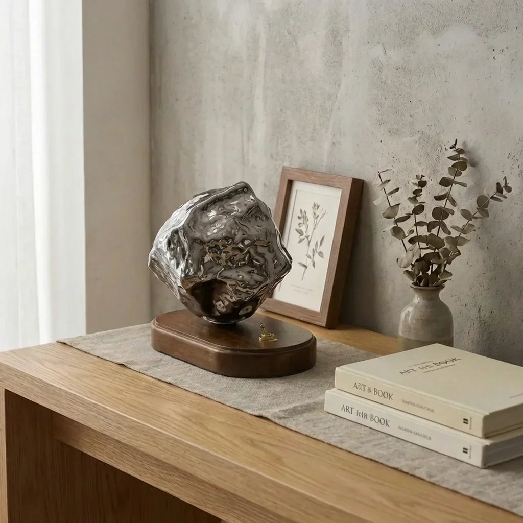 Table Lamp With Organic Glass Shade And Wooden Base For Indoor Ambient Living Areas