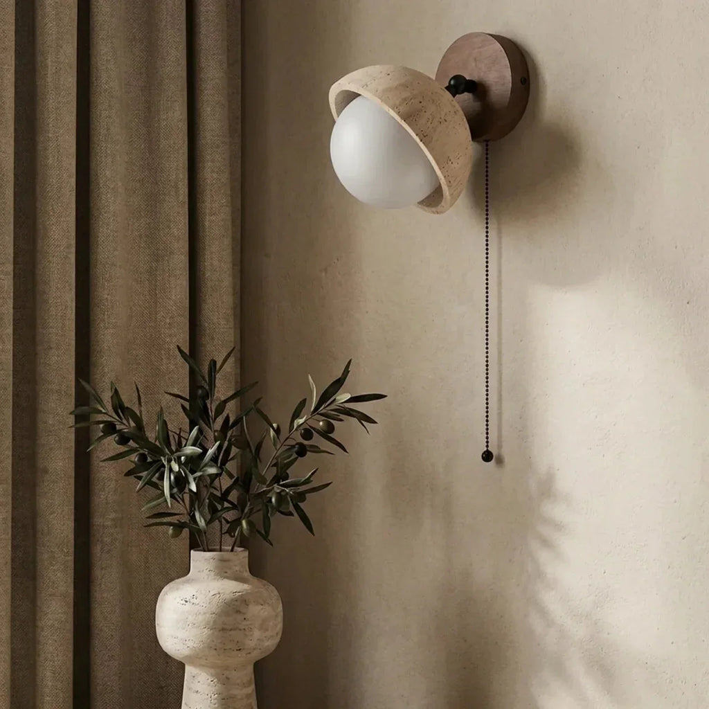 Indoor Wall Mounted Light Fixture With Travertine Shade And Solid Wood Body For Indoor Use