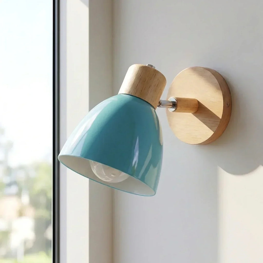 Wood and Metal Wall Sconce Light With Adjustable Shade for Indoor Living Rooms and Bedrooms