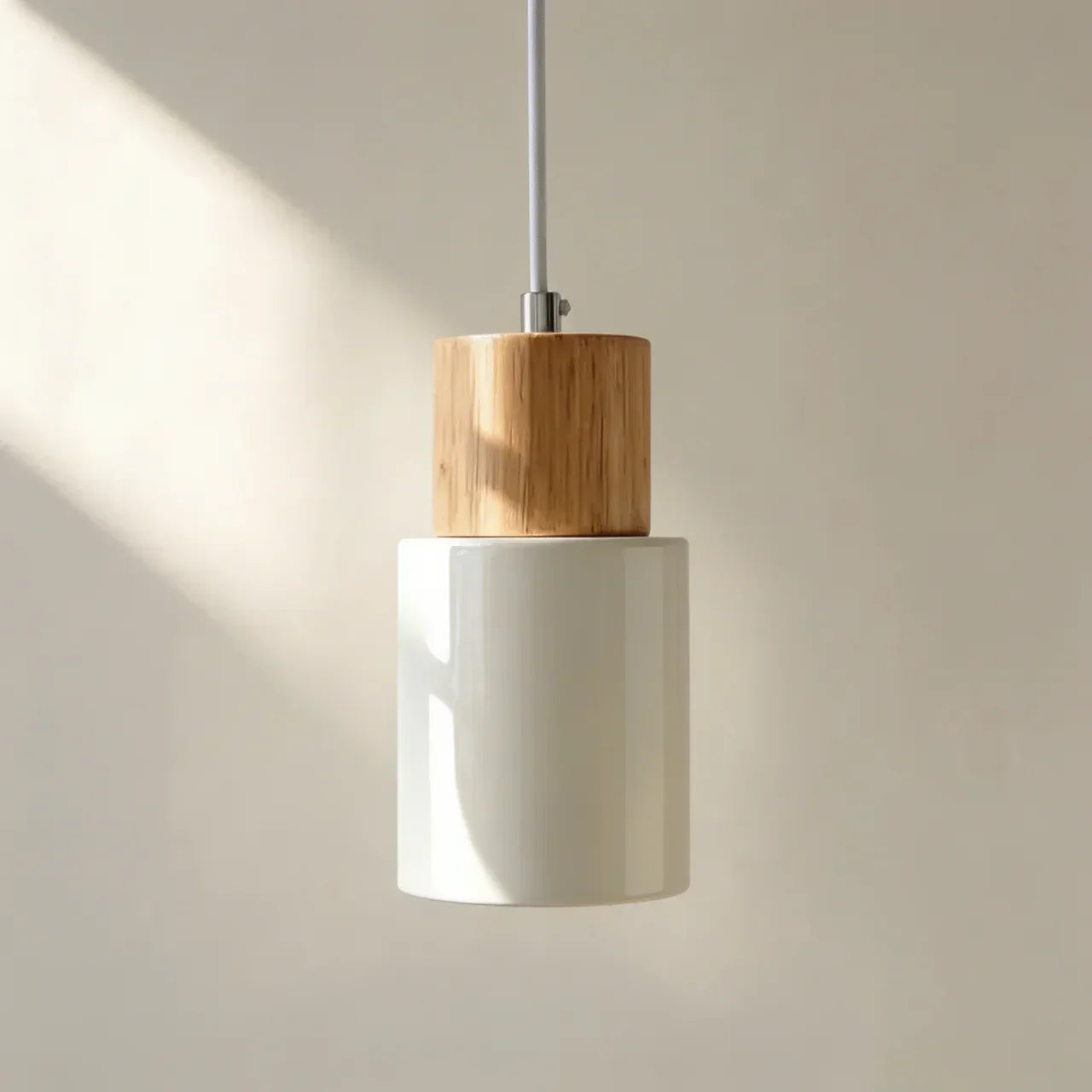 Aluminium Cylinder Pendant Light With Wood Detail Ceiling Mount Fixture And Adjustable Cord For Home Interiors