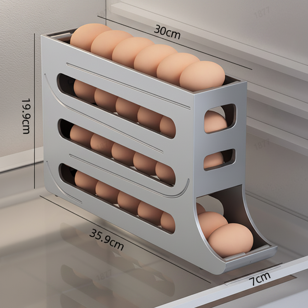 Suporte rolante para ovos de 4 níveis EGGROLLA — Organizador de frigorífico com dispensador automático de ovos