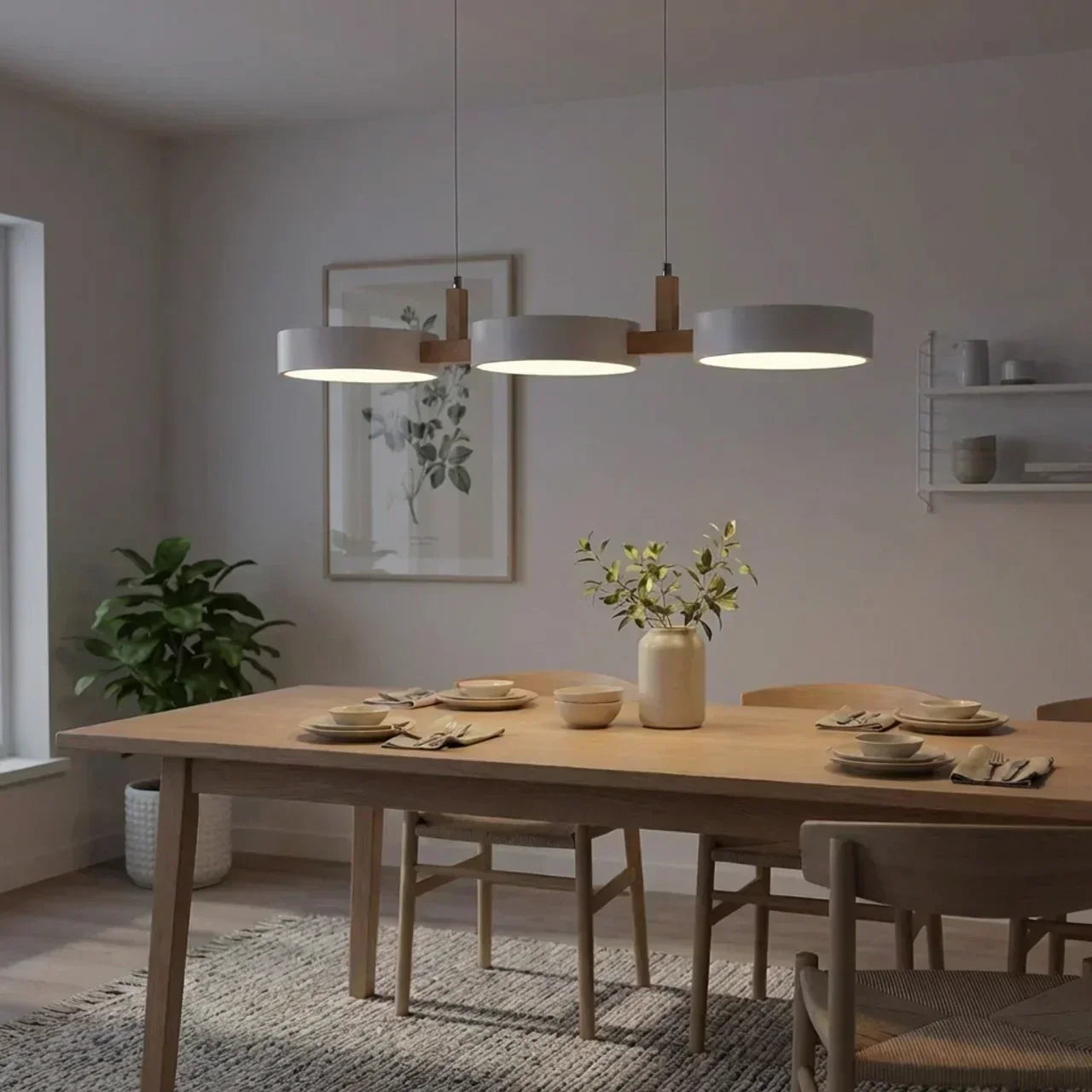 Wood Beam Pendant Light With Metal Drum Shade Array For Ceiling Installations Above Kitchen Islands