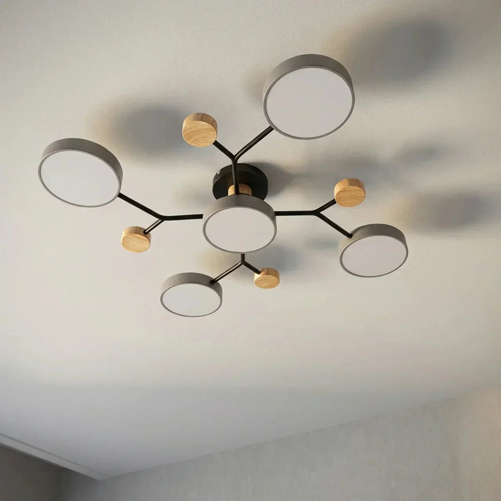 Branching Ceiling Light Fixture Featuring Wood Accents For Modern Living Spaces And Warm Ambience