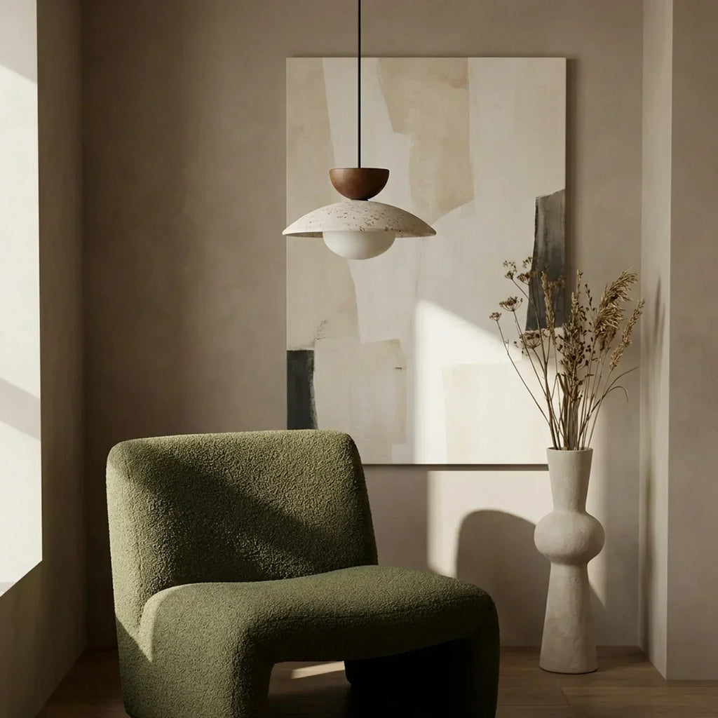 Elegant Travertine Pendant Light With Glass Diffuser And Wood Accent For Indoor Ceiling Installations
